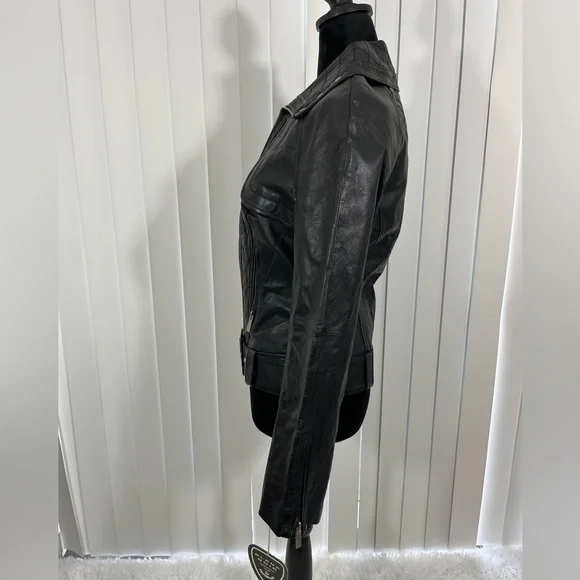 BLANC NOIR Quilted Leather Moto Jacket Belted Zip Up Lined Buckles Black Size S - Picture 3 of 9